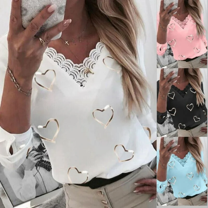 

T-shirt for Women New Love Print Mid-sleeve T-shirts Ladies V-neck Top Lace Panels Casual T-shirt