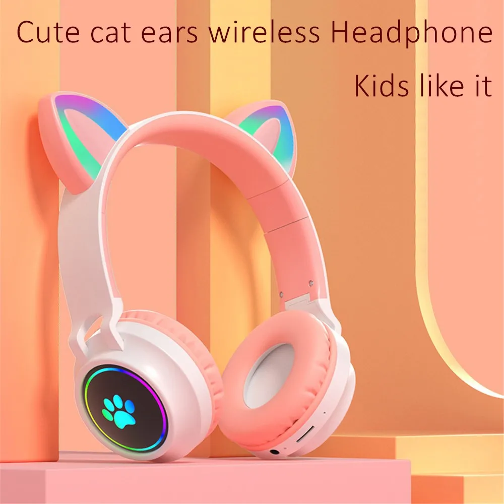 Flashing LED Cute Cat Ears Bluetooth Headphones Over-Ear Wireless Headset With Mic Support TF-Card Play for Kids Girl Music Gift