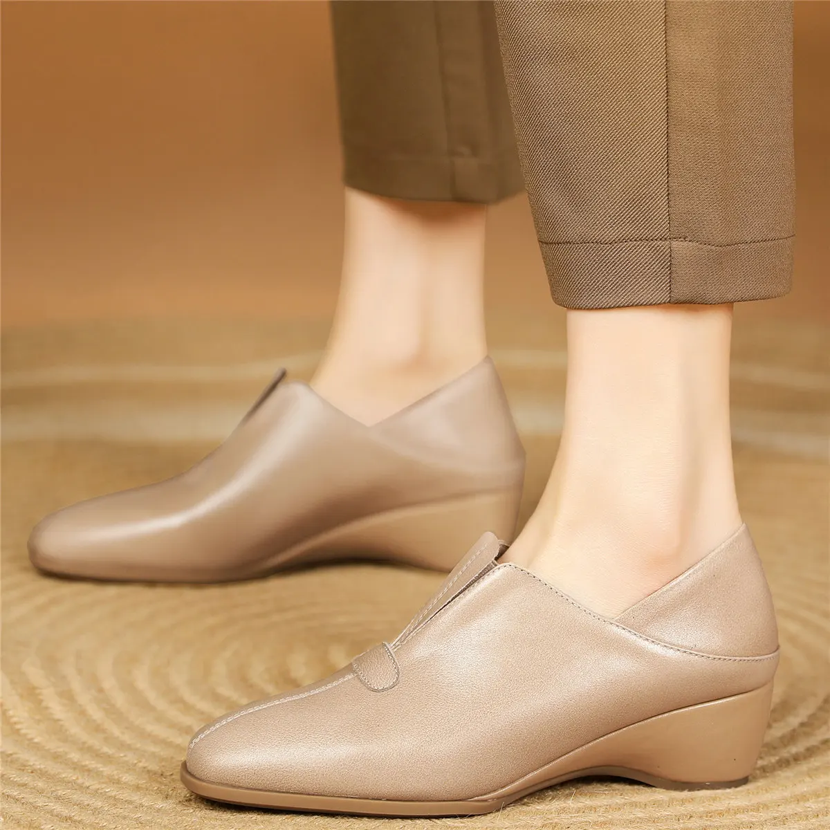2023 Platform Oxfords Shoes Women Shallow Genuine Leather Wedges Med Heels Pumps Female Square Toe Fashion Sneakers Casual Shoes