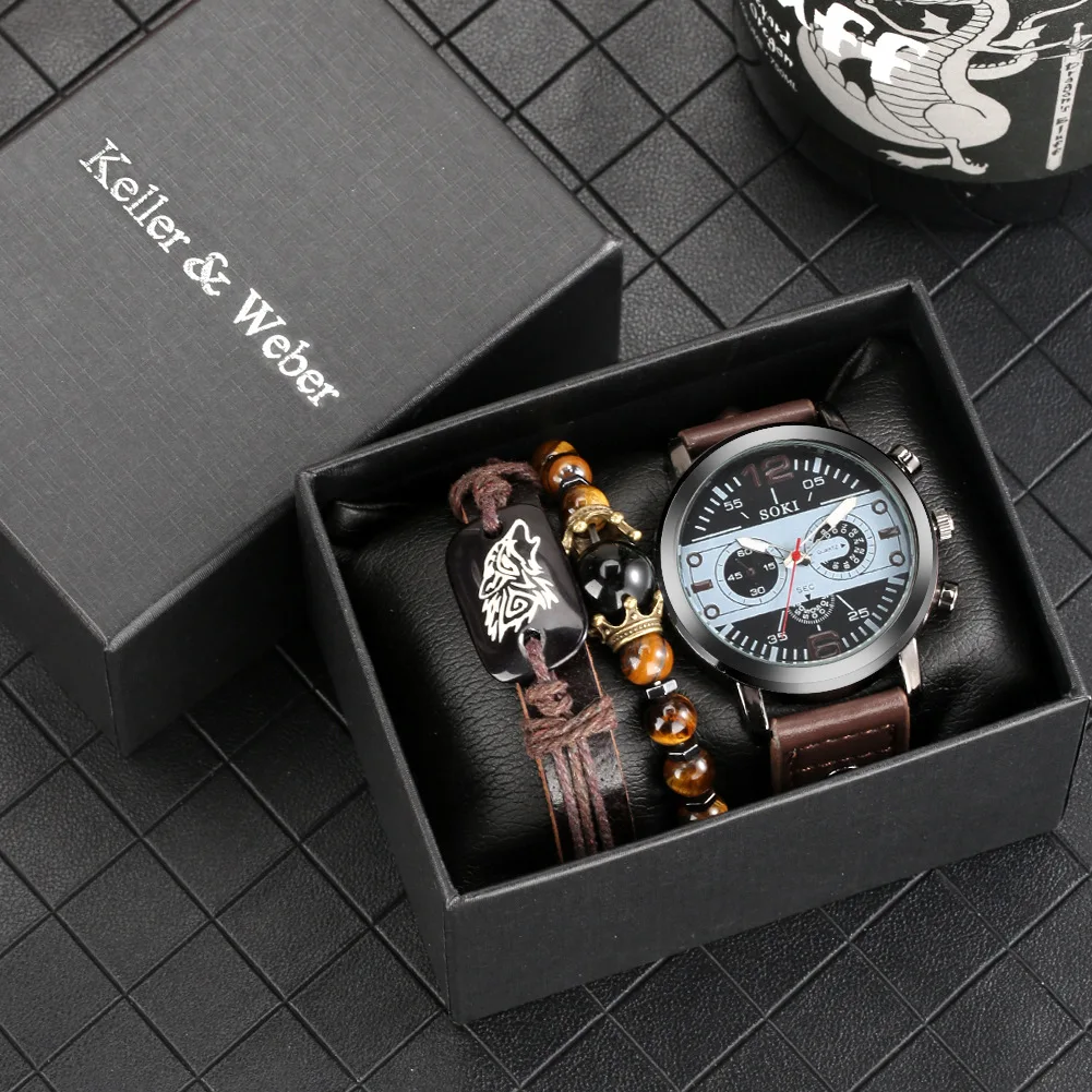 

New Men Watch Bracelet Set Box Fashion Leather Strap Quartz Wristwatch Male Bracelet Watch Set for Men Gift Box Drop Shipping