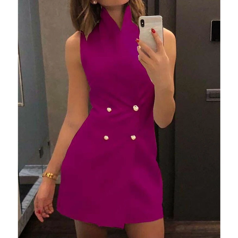 

Fashion Summer Sleeveless Dress Women 2021 Short Bodycon Collar Blazer Double Breasted Work Office High Waist Solid Mini Dresses