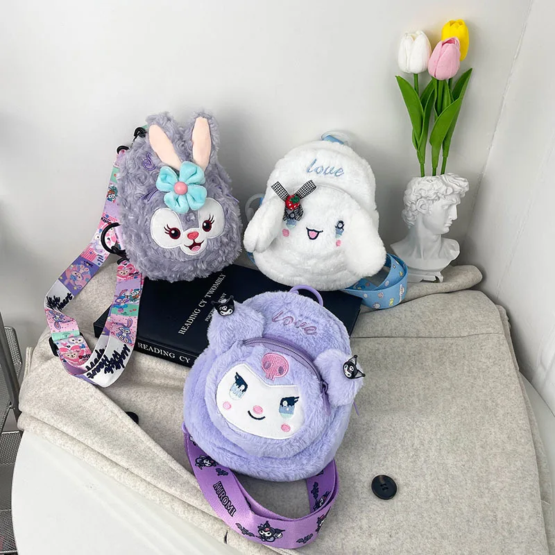 

Kawaii Sanrios Anime Cinnamoroll Kuromi Cartoon Plush Bag Messenger Shoulder Bag Soft Stuffed Plushie Backpack Girls Toys Gifts