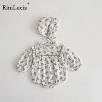 rinilucia korean lace ruffle cute baby romper with hat set infant floral long sleeve jumpsuit toddler baby girl sweet clothes