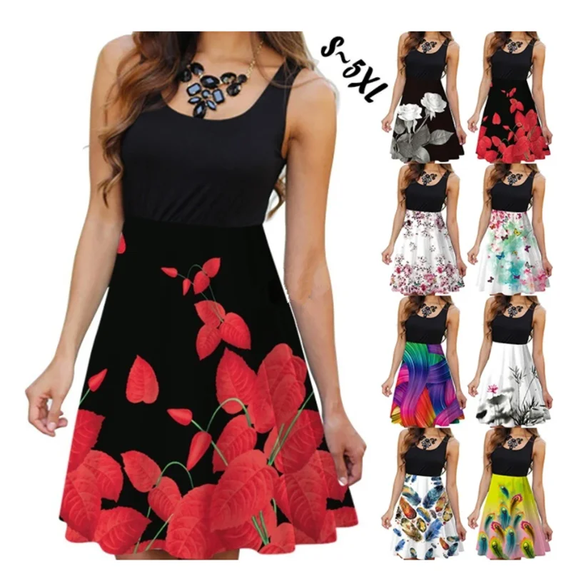 

Женское длинное платье без рукавов, черное пляжное повседневное элегантное дышащее платье с V-образным вырезом и принтом розы, лето 2022