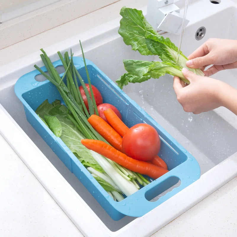 Plastic Expandable Vegetable Washing Basin with Drain Basket for Kitchen Sink, Convenient and Space-saving Sink Strainer Basket