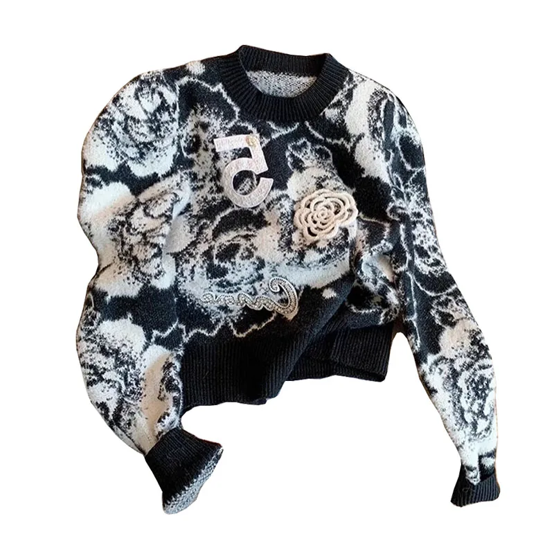 Винтажный женский свитер с цветочным принтом пуловеры свободный трикотажный