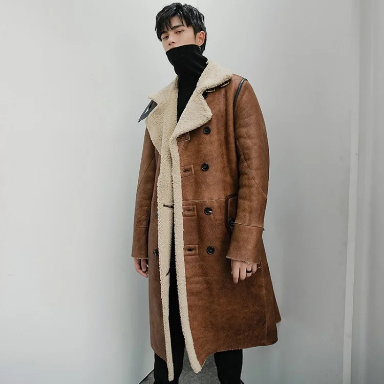 

Длинное пальто из натуральной овчины, мужская зимняя куртка в стиле милитари с толстой шерстяной подкладкой, роскошный тренчкот из натурал...