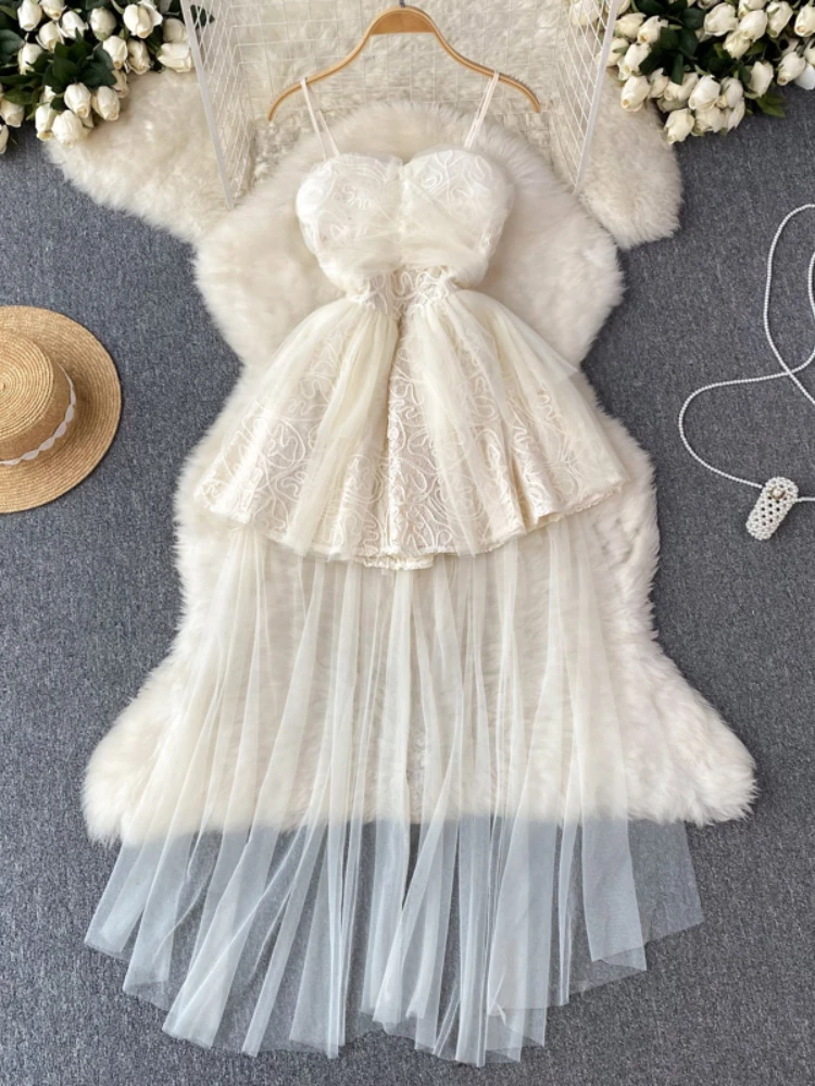 

Summer French Maxi Dresses for Women Sexy Lace Embroidered Jacquard Mesh Evening Spaghetti Strap Party Dress Elegant