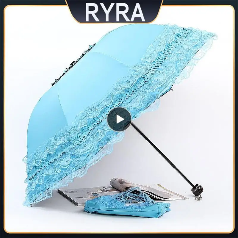 

Black Glue Vinyl Sun Umbrella Lovely Anti-ultraviolet Umbrella 8 Bone Lace Three-fold Umbrella Rain Gear Thickening Umbrella