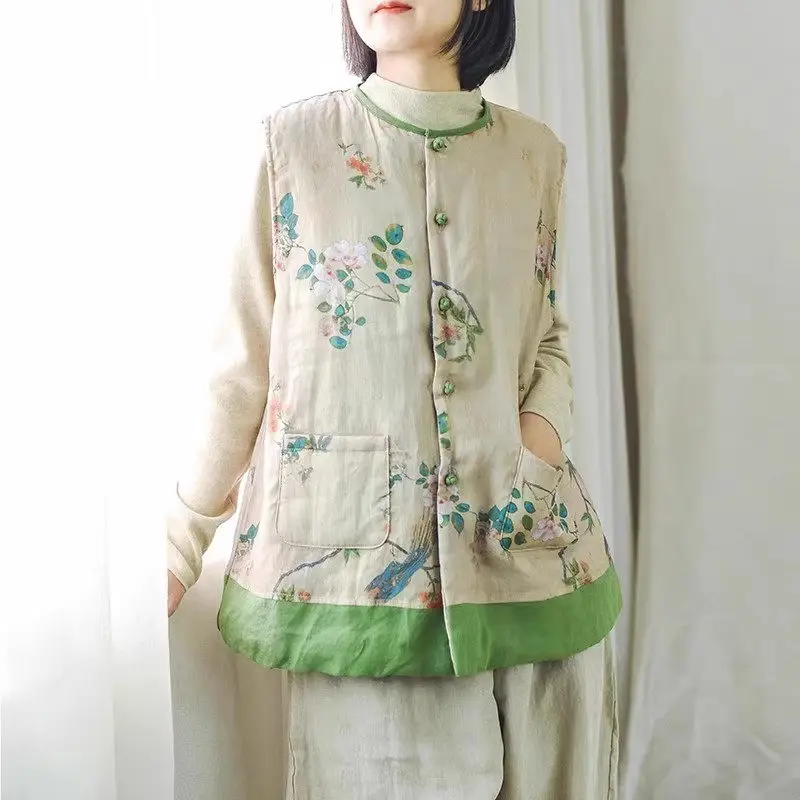 Женская льняная хлопковая куртка в этническом стиле ретро с принтом теплый