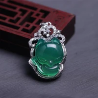 natural chinese colorful chalcedony hand carved fox jade pendant fashionable women jewelry 925 silver inlaid agate necklace