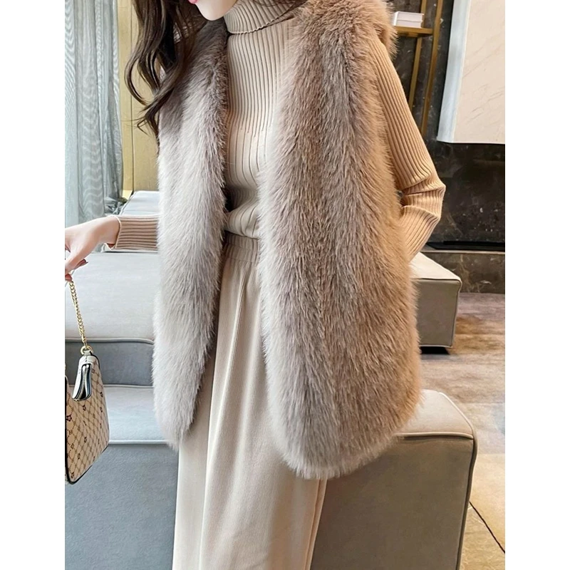 Autumn Winter Plush Vest Coat Women Solid Color Warm Loose Faux Fur Vest Women's Casual Sleeveless Cardigan Length Vest Coat