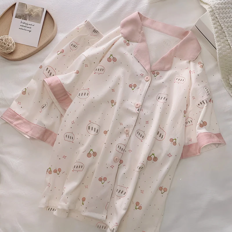 The Summer Pajamas for Women's Pure Cotton Thin Section Cool Feeling Cardigan Shorts Sleepwear Suit with Lapel Simple Loungewear