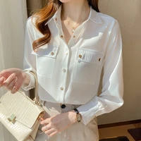 fashion button up shirt vintage blouse women lady long sleeves female loose shirts 2022 new loose pocket white shirt 880e
