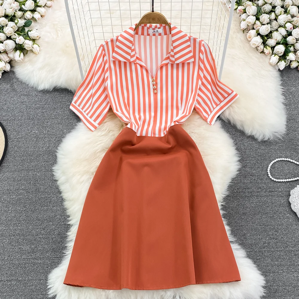 

Polo Shirt Dress For Women 2022 Summer New Fashion Lapel Short-sleeve Stripe Shirt Dress Midi Long Shirts Dress For Work Office