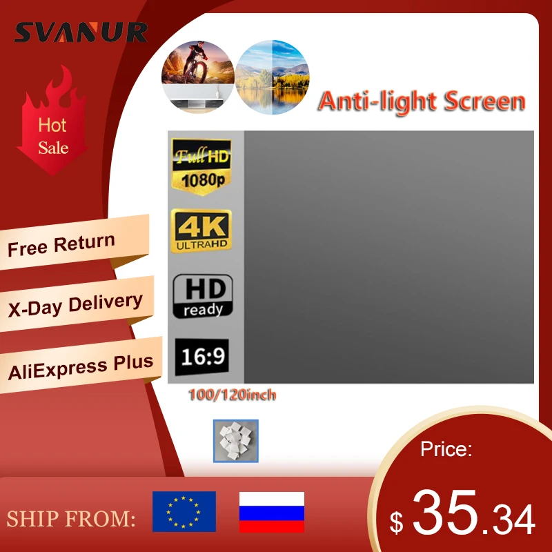

Экран проектора SVANUR 16:9 Портативный металлический ансветильник складной 100 120 дюймов занавеска для проекторов домашнего кинотеатра