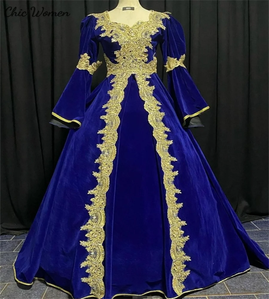 Косово албанское королевское синее вечернее платье элегантное с длинным рукавом
