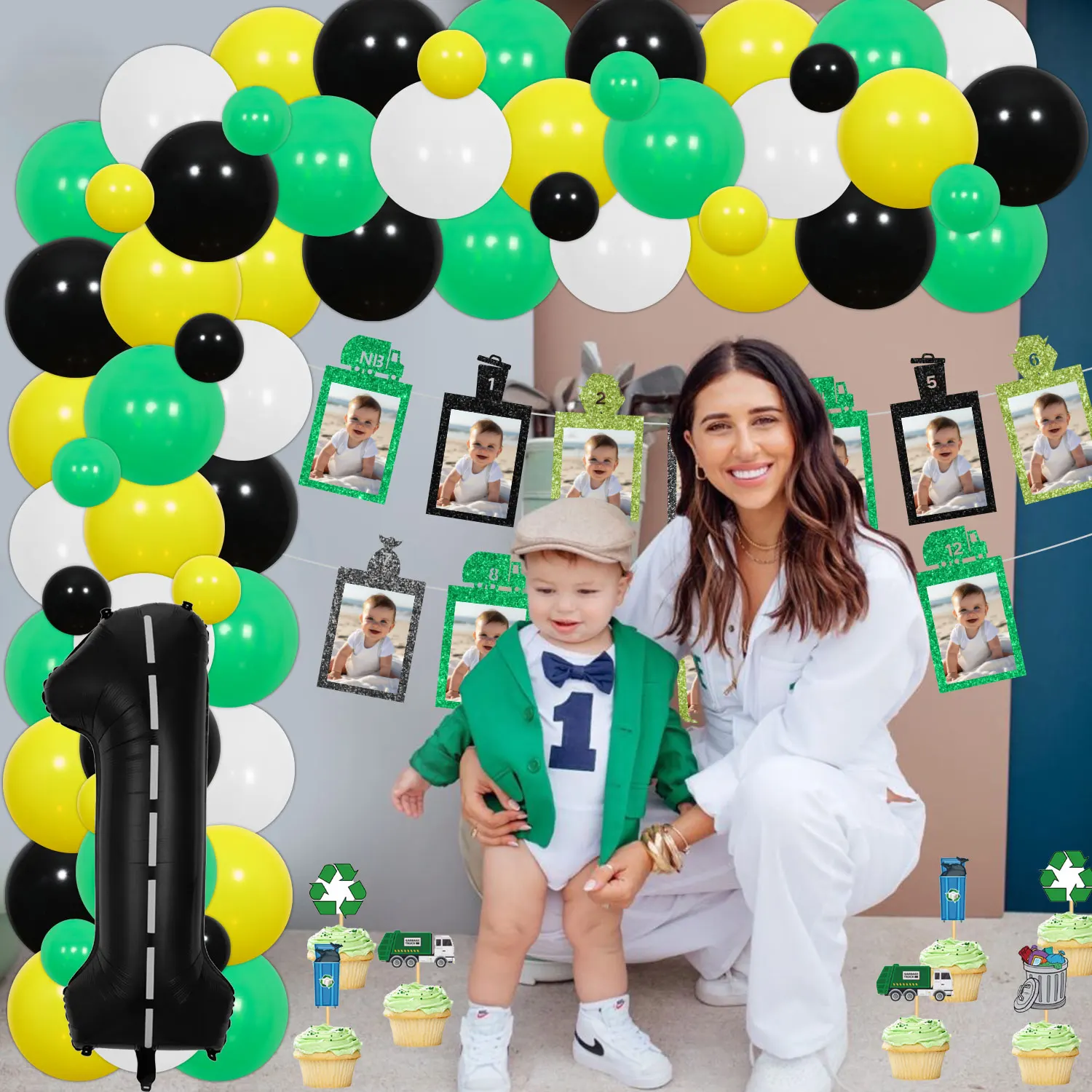 Мусоровоз тема 1-й День Рождения Декор сладкий один баннер торт Топпер гирлянда