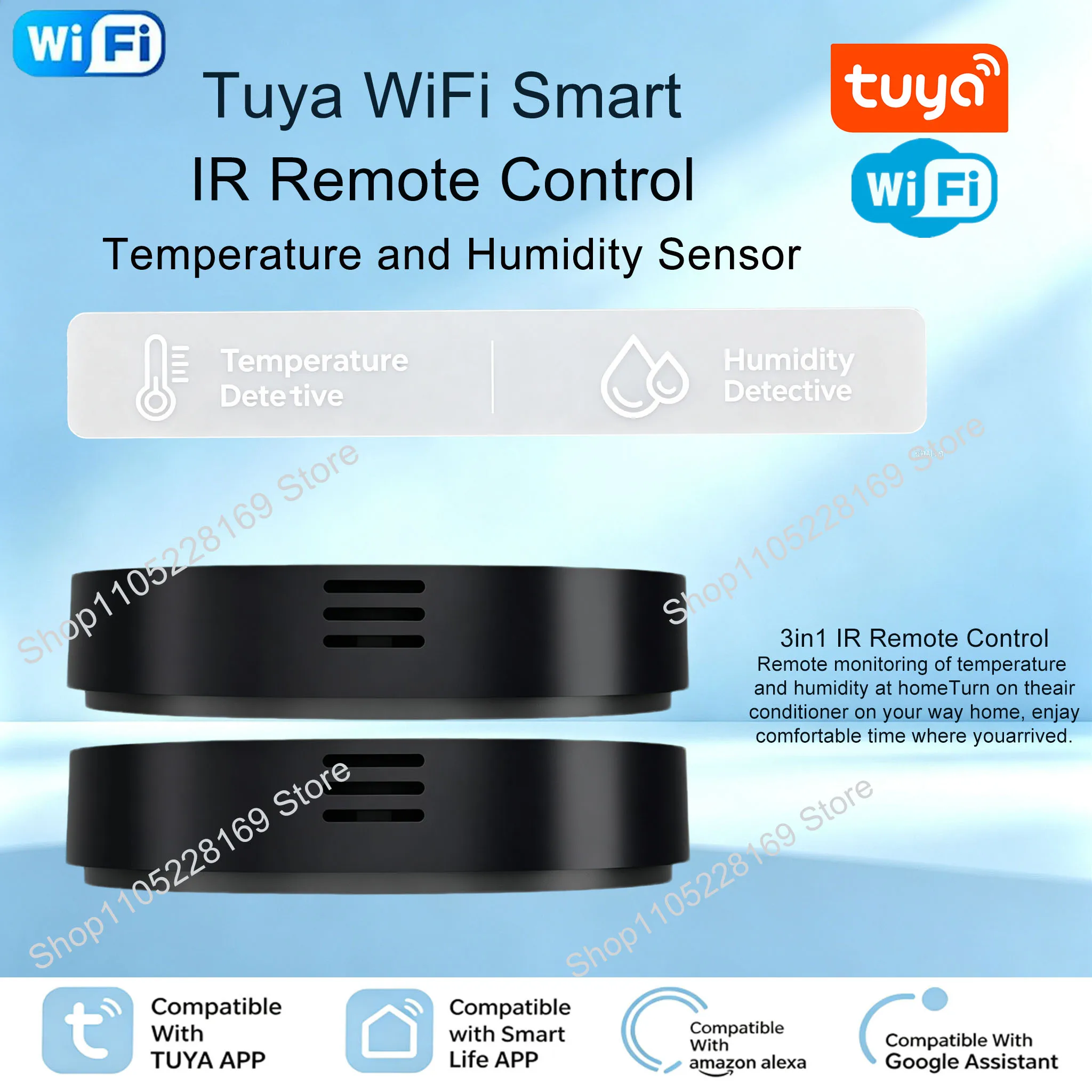 Фото Универсальный ИК-пульт Tuya WiFi 3-в-1 с датчиком температуры и влажности для кондиционеров, телевизоров, DVD-плееров, поддержка Alexa и Google Assistant №1