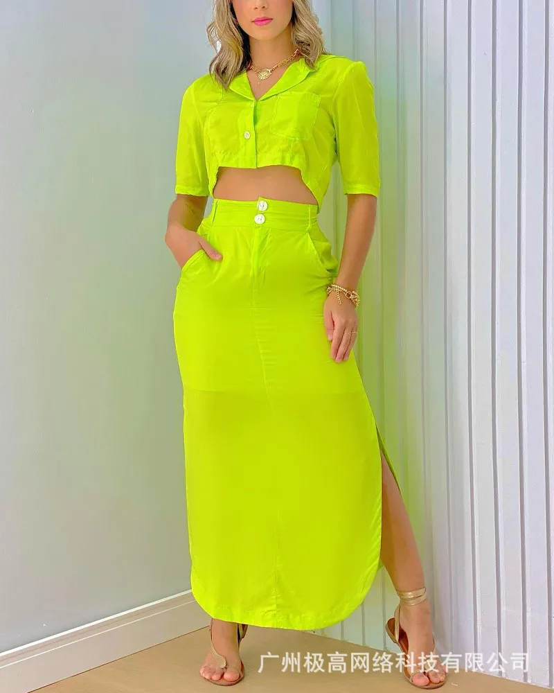 

European and American women's clothing 2022 new summer cross-border independent station casual short top + elastic skirt
