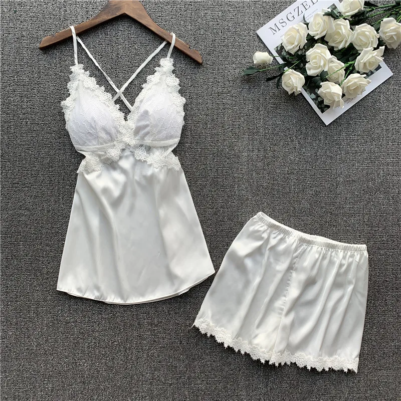 sexy women's lace & satin pajamas sets summer sleeveless sleepwear femme silk pijamas homewear lingerie with shorts