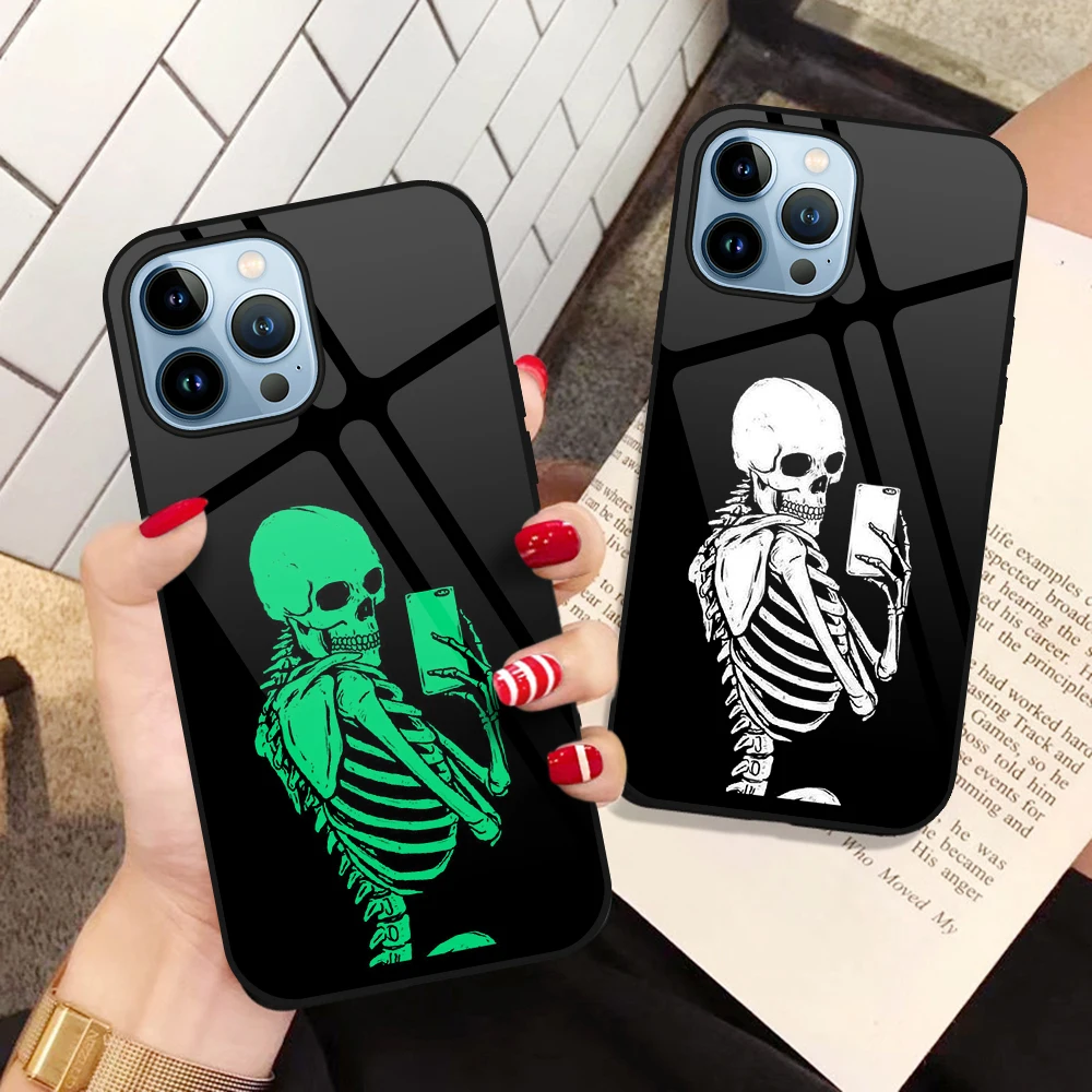 

Luminous Glass Phone Case for iPhone 14 13 12 11 Pro Max Mini XS XR X 7 8 6 6s Plus 5 5S Back Cover Funny Skull Skeleton Coque