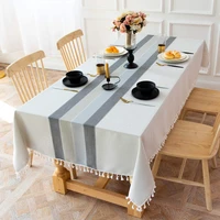 black and gray cotton linen tablecloths fabric striped tablecloths with striped tassels kitchen table decoration