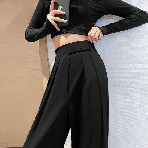 Костюмные брюки на липучке с широкими штанинами и высокой талией, весна-осень, женские офисные корейские деловые брюки в стиле Харадзюку Y2k, мешковатые брюки для женщин 2022