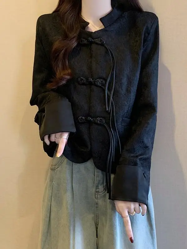 Новая китайская рубашка с длинным рукавом в стиле ретро жаккардовая лягушкой