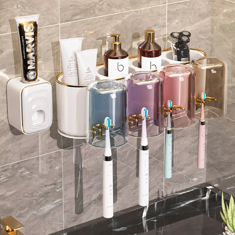 

Bathroom Toothbrush Holder No Punch Mouthwash Cup Shelf Wall Mounted Storage Rack Cup Brush Toothpaste Jar Bathroom Accessories