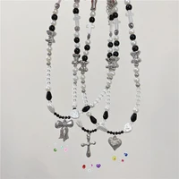 new pearl necklace female black beaded cross necklace peach heart bow pendant temperament versatile necklace choker goth