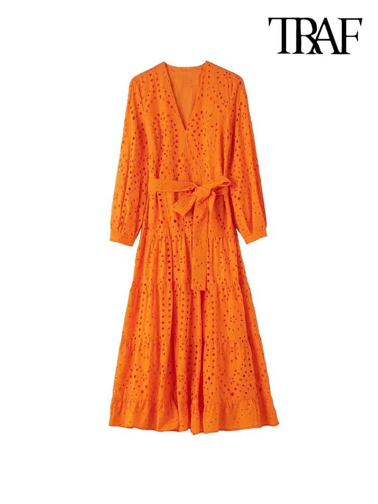

TRAF Women Fashion With Belt Cutwork Embroidery Midi Dress Vintage V Neck Long Sleeve Female Dresses Vestidos Mujer