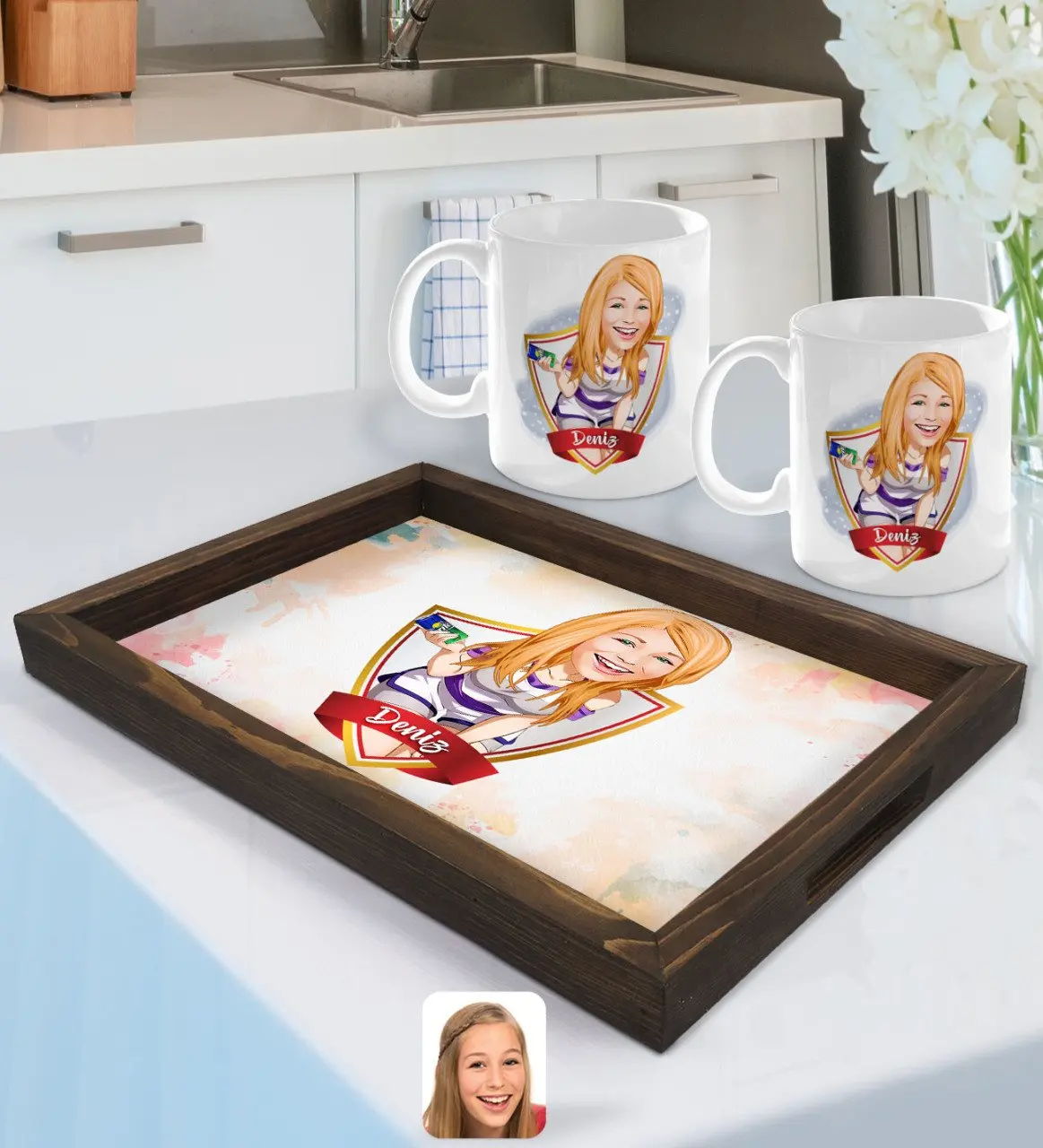 

Персонализированная Женская карикатура поднос из натурального дерева и 2gang Cup Seti-36