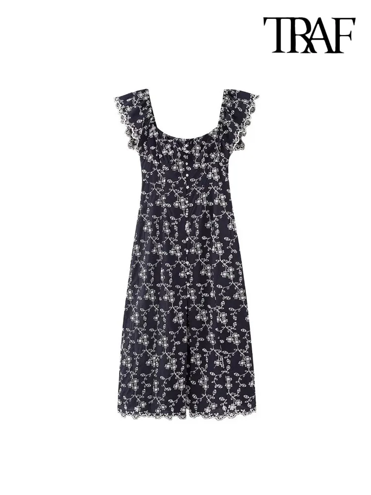 

Траф женское модное контрастное платье миди с вышивкой винтажное женское платье с широкой планкой спереди Vestidos Mujer