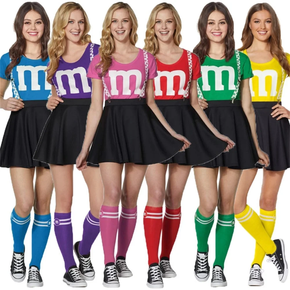 Фото Женский костюм M&M's для взрослых, комплект для Хэллоуина, женская футболка, черная юбка, комплект с чулками для веселой вечеринки №4