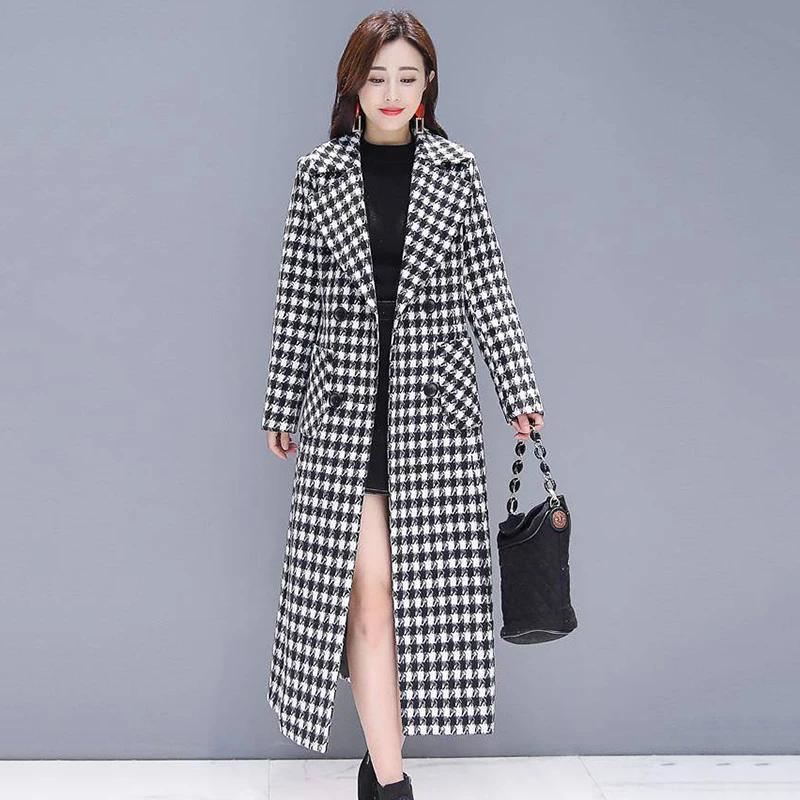 

Houndstooth Woolen Coat Outerwear Female Long Autumn Winter 2023 New Thicke Loose Fashion Plaid Overcoat Women Windbreakers 4XL
