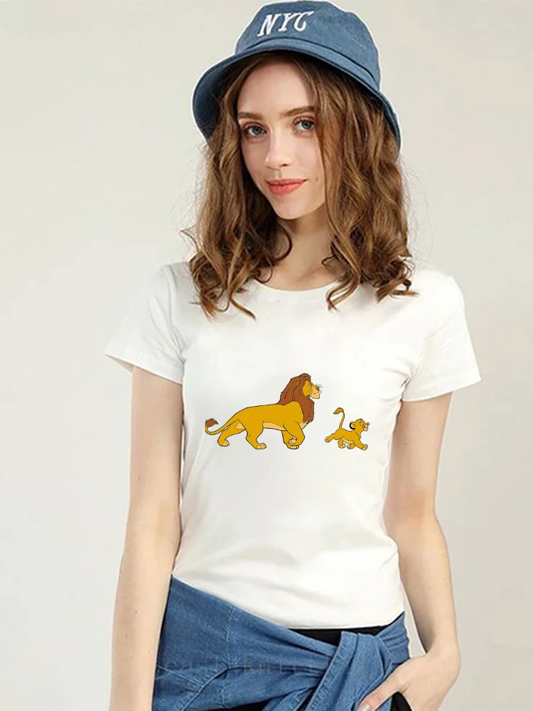 

Disney The Lion King 2022 Fashion Women Clothes Cute Simba Print White Summer T-shirt Classic Cartoon Harajuku Ropa Mujer