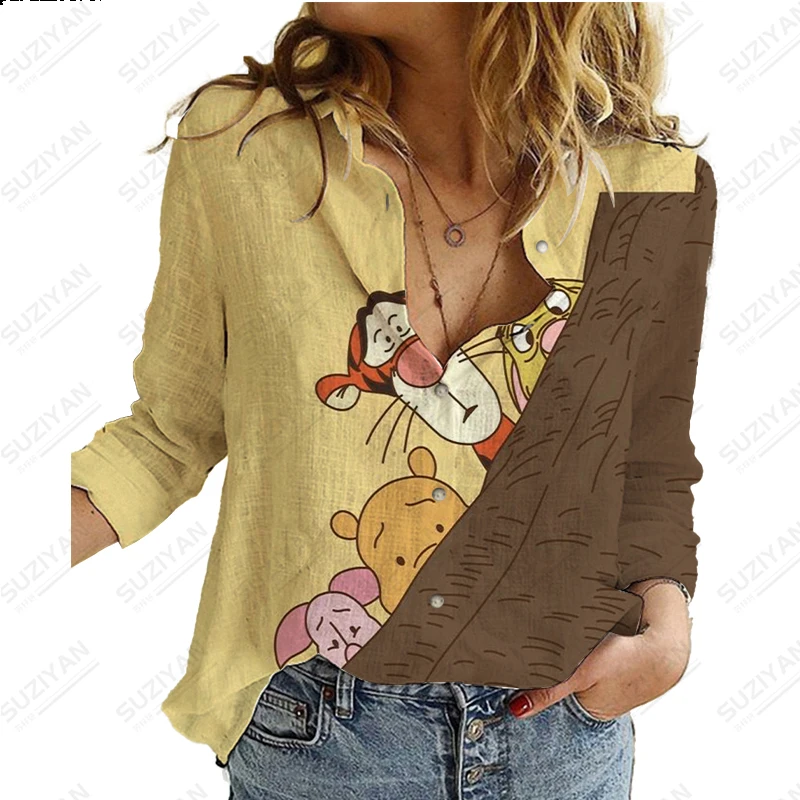 

23 New Spring and Autumn Long Sleeve Button Up Shirt 3D Printed Loose and Comfortable Harajuku Fit Large Disney Winnie Bear Top