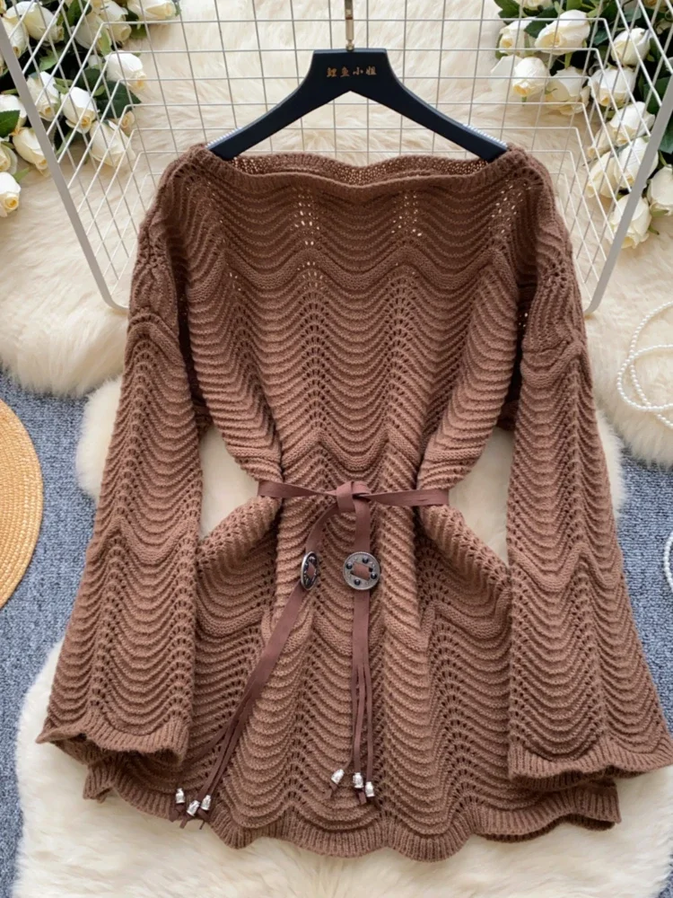 Korean Hollow Sweater Women Autumn Winter Wave Pattern Knitted Female Loose Long Sleeve Pullover Tops