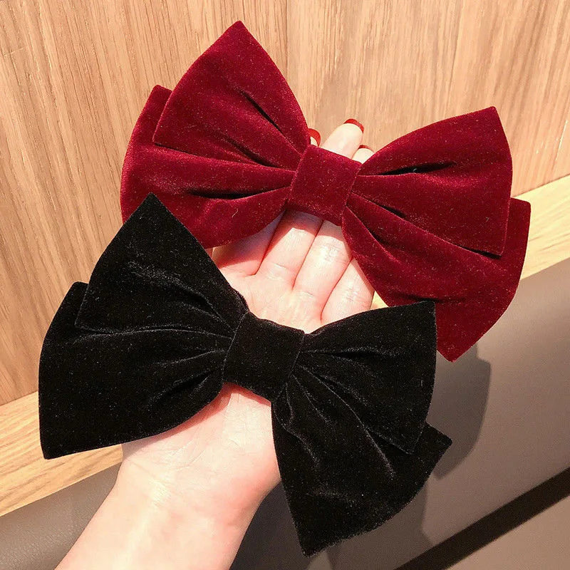 

New Large Women Solid Color Red Bowknot Soft Velvet Handmade Wedding Hair Clips Hairpins Barrettes Girls Bun Accessories