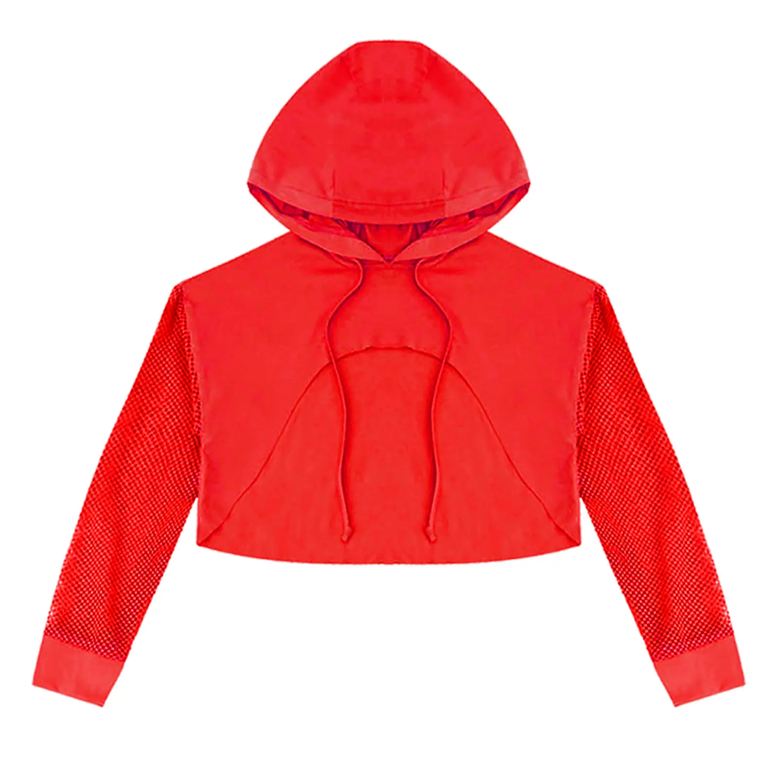 

Autumn Winter New Kids Girls Mesh Patchwork Crop Top Drawstring Hooded Sheer Long Sleeve Hoodie Tank Top Dance Stage Performance