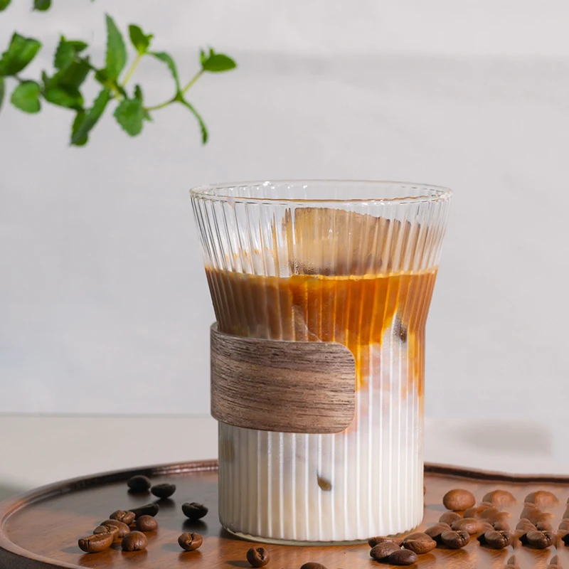 

Vertical Lines Glass Coffee Mug Heat-Resistant Coffee Cup Walnut Cup Holder Japanese Style Tea Mug Beer Mug Espresso Coffeeware