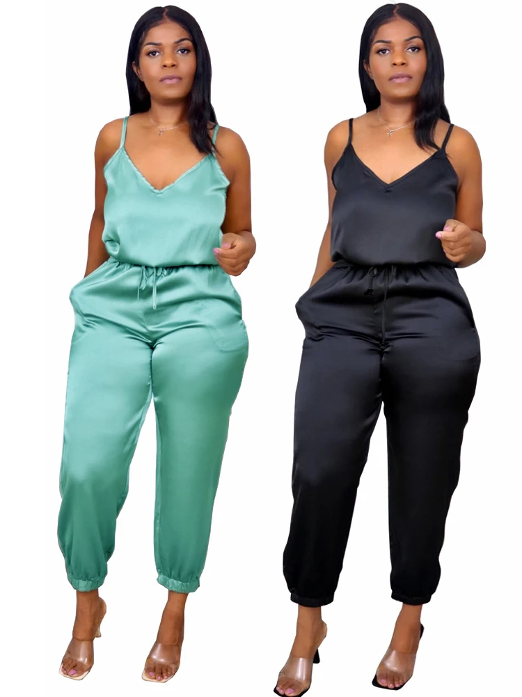 

Women Clothing Fashion Sleeveless Long Jumpsuit Sexy Satin V-neck Sling Long Jumpsuit Overalls Rompers Womens Bodycon Jumpsuit