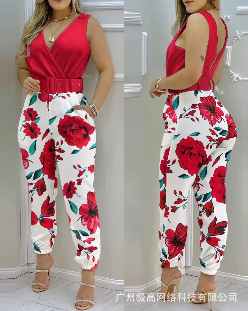 

Floral Print Pocket Detail V-Back Wrap Jumpsuit Women Spring Summer Sleeveless Overall Pants Jumpsuits Flower
