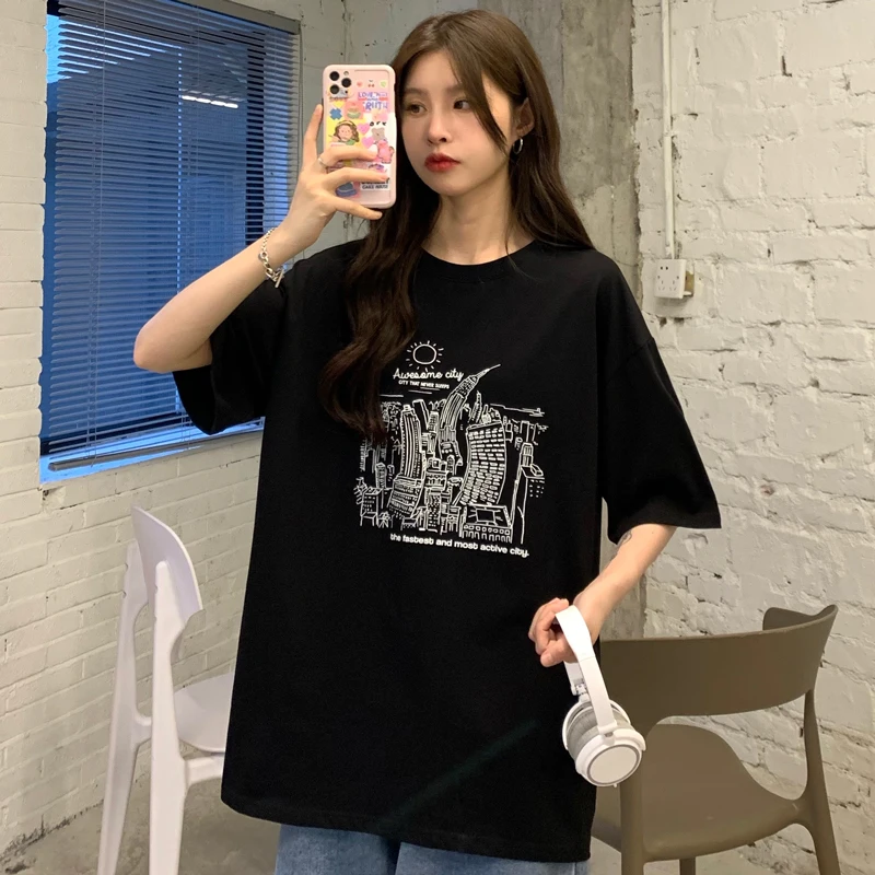 

7367 women loose mid-length print all-match BF wind white large size short-sleeved T-shirt