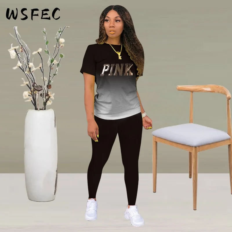 

WSFEC S-3XL Two Piece Sets Women Outifits Summer 2023 Fashion Gradient Short Sleeve Pant Suits Female Casual Sport Matching Sets