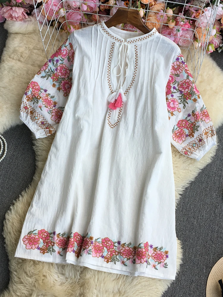 

Fitaylor New Spring Summer Print Bohemian Dress Women Casual O-neck Embroidery A-line Dress Female Loose Lace-up Short Dress