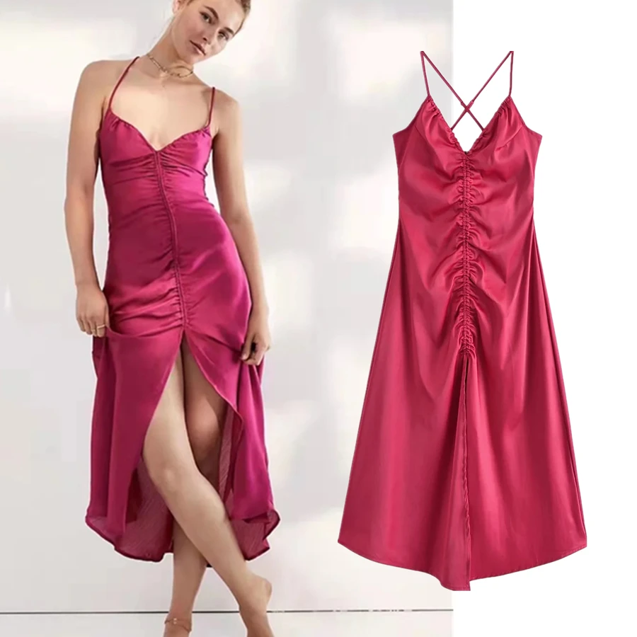 

Dave&Di England Style Fashion High Street Silk Satin Party Dresses 2022 Ins Blogger Retro Strapless Sexy Midi Dress Women