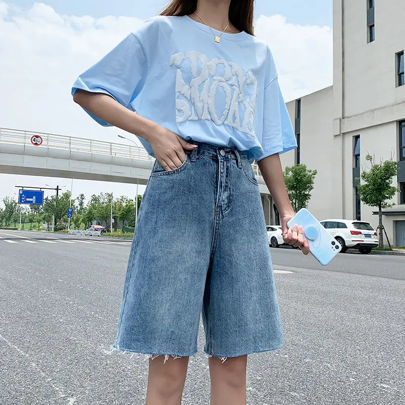 Ripped Five-point Pants Women Summer Loose Thin Large Size Fat Sister MM Straight High Waist Net Red Denim Shorts Women's Tide