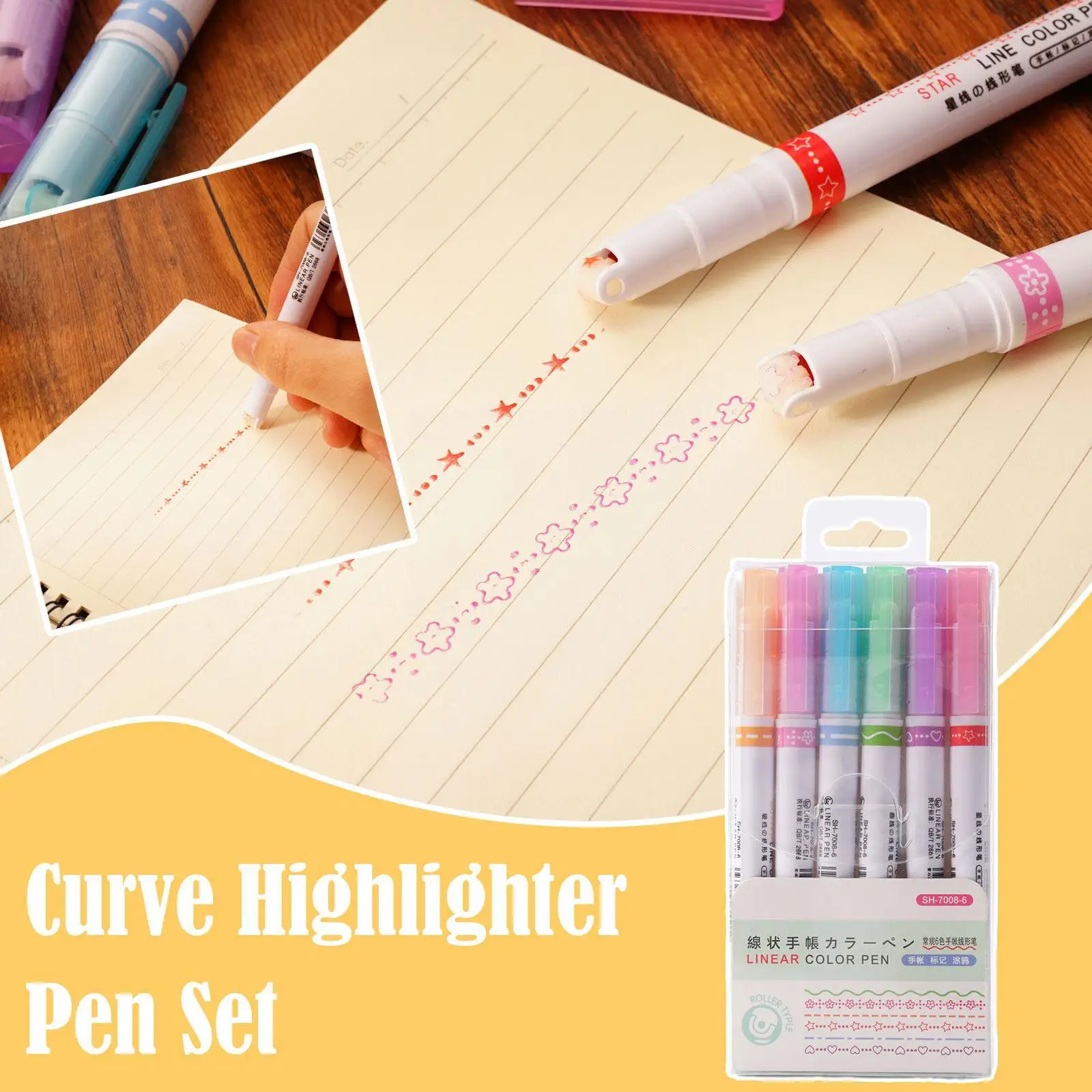 

6 Colors Curve Highlighter Pen Set Wave Flower Dot Roller School Highlighter Kawaii Supply Marker Stationery Tip Line Pen S Z2v3